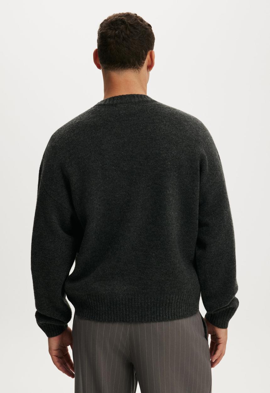 Cotton On - Box Fit Fuzzy Crew Knit - Charcoal Marle