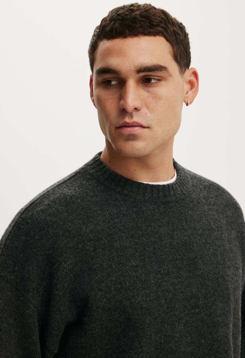 Cotton On - Box Fit Fuzzy Crew Knit - Charcoal Marle