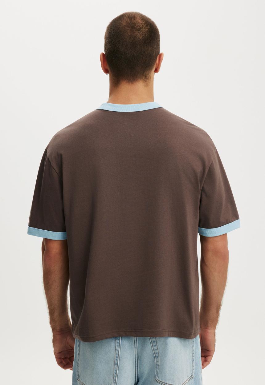 Cotton On - Cropped Fit T-Shirt - Washed Chocolate/Powder Blue Ringer