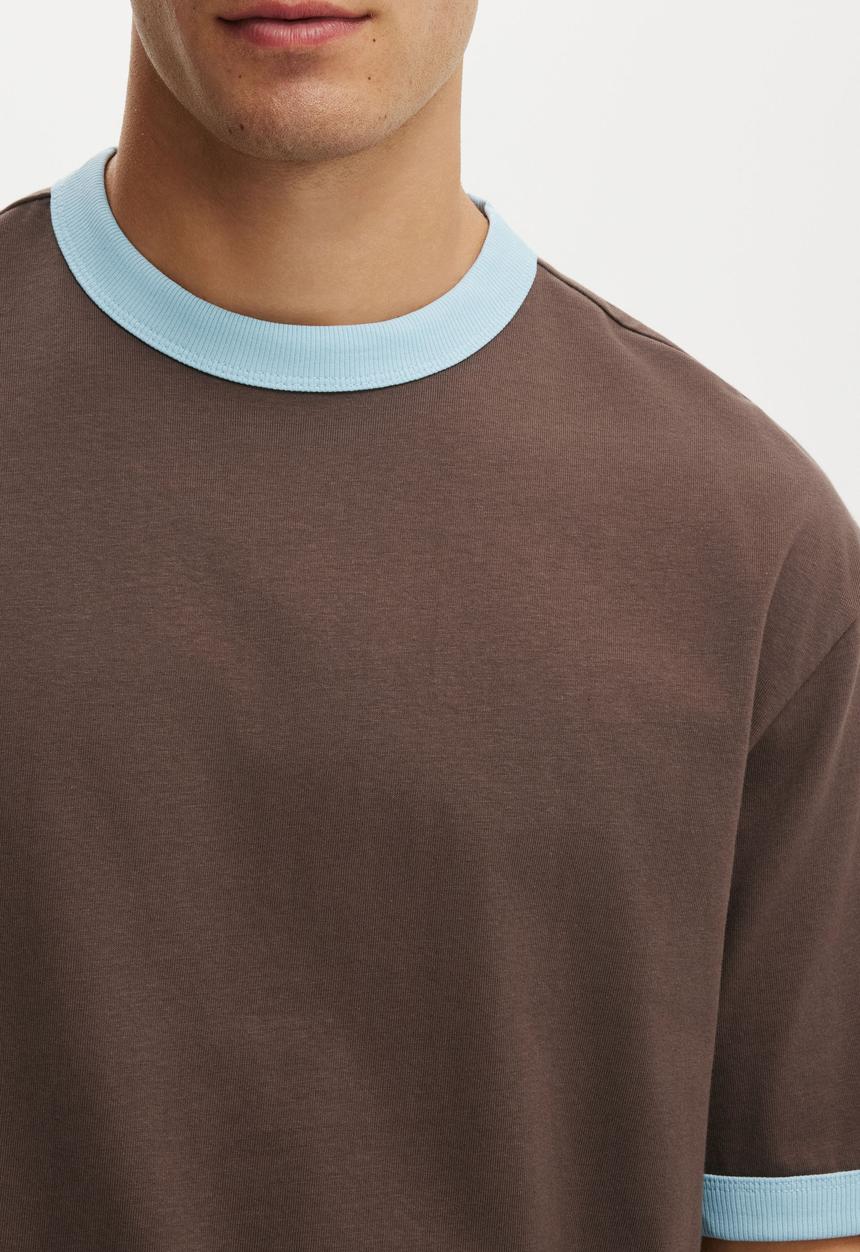 Cotton On - Cropped Fit T-Shirt - Washed Chocolate/Powder Blue Ringer