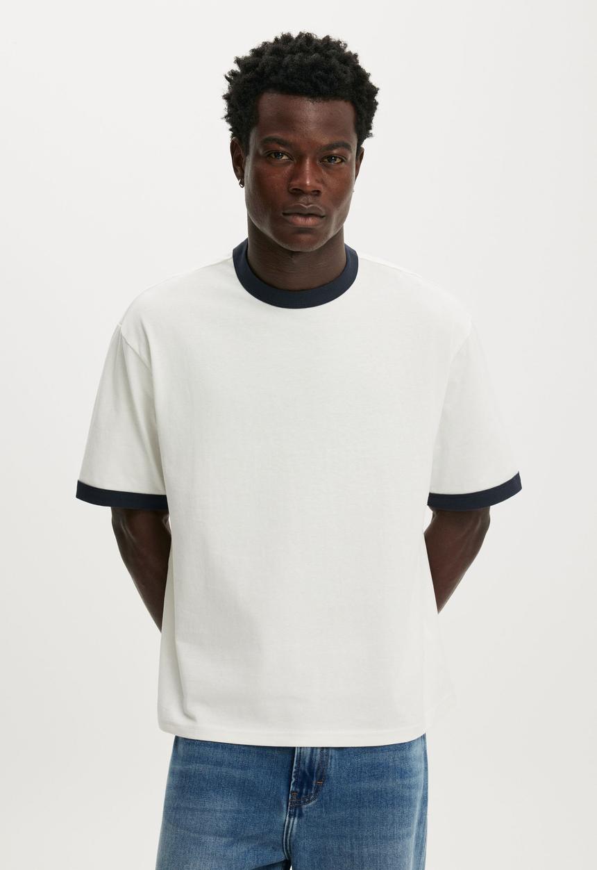 Cotton On - Cropped Fit T-Shirt - Vintage White/True Navy Ringer