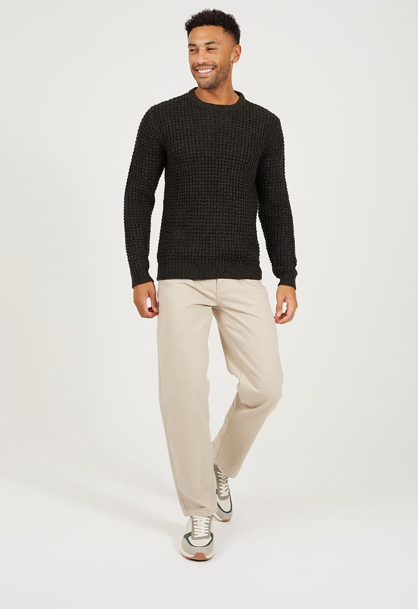Brave Soul - Crew Neck Sweater In Waffle Knit - Khaki/Black
