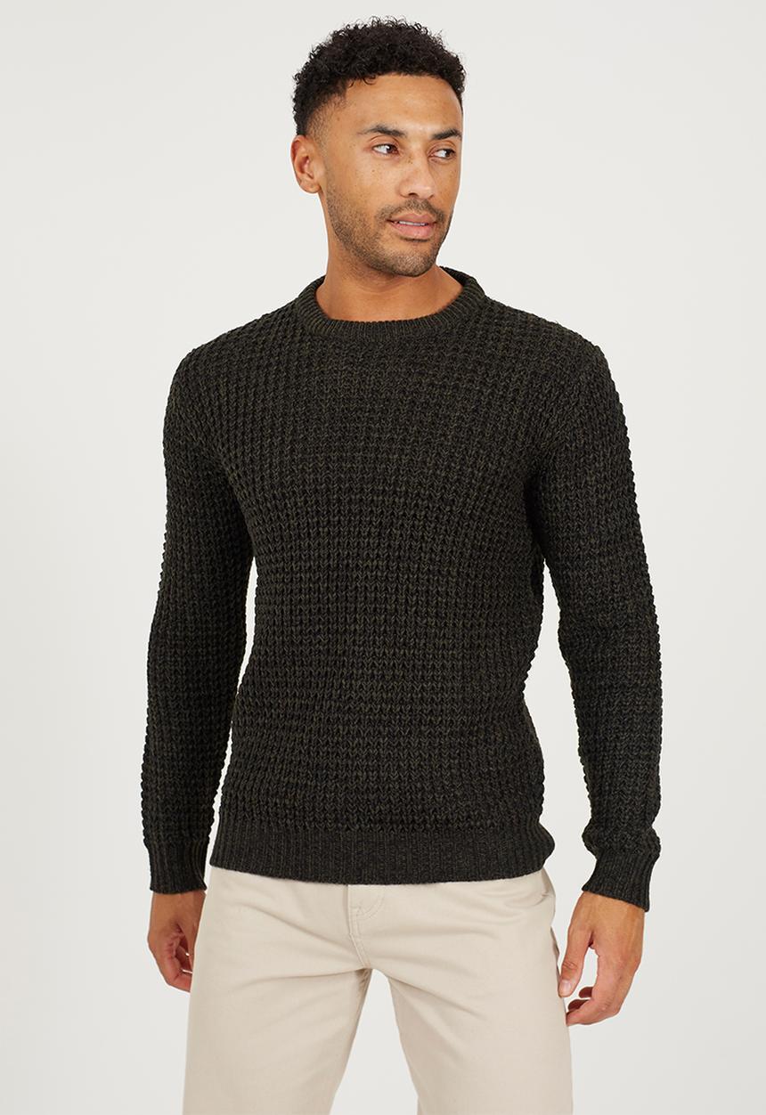 Crew Neck Sweater In Waffle Knit - Khaki/Black