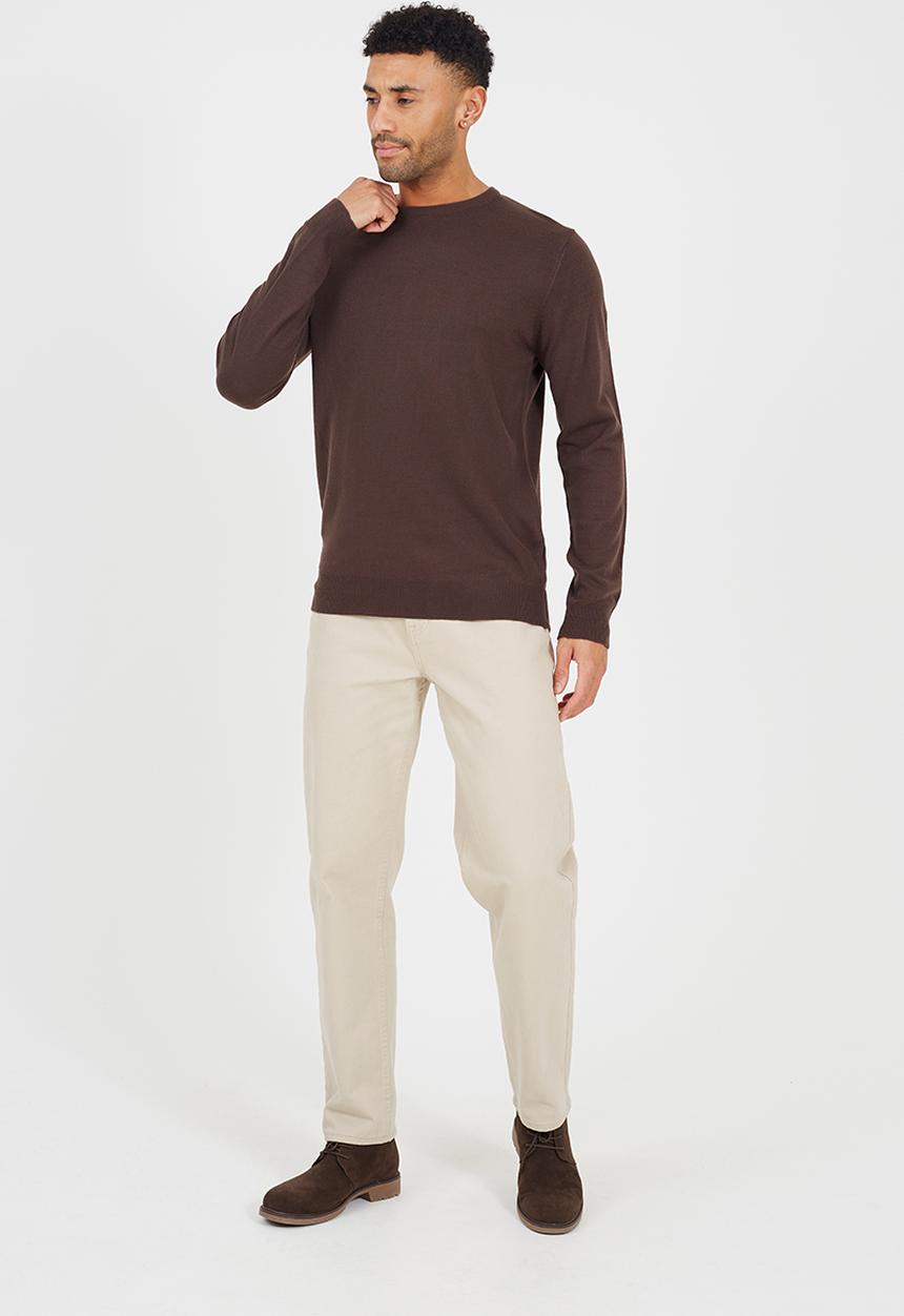 Brave Soul - Crew Neck Jumper. Flat Knit. - Bitter Chocolate