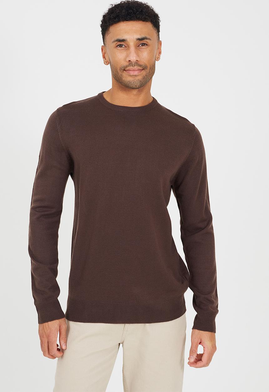 Brave Soul - Crew Neck Jumper. Flat Knit. - Bitter Chocolate