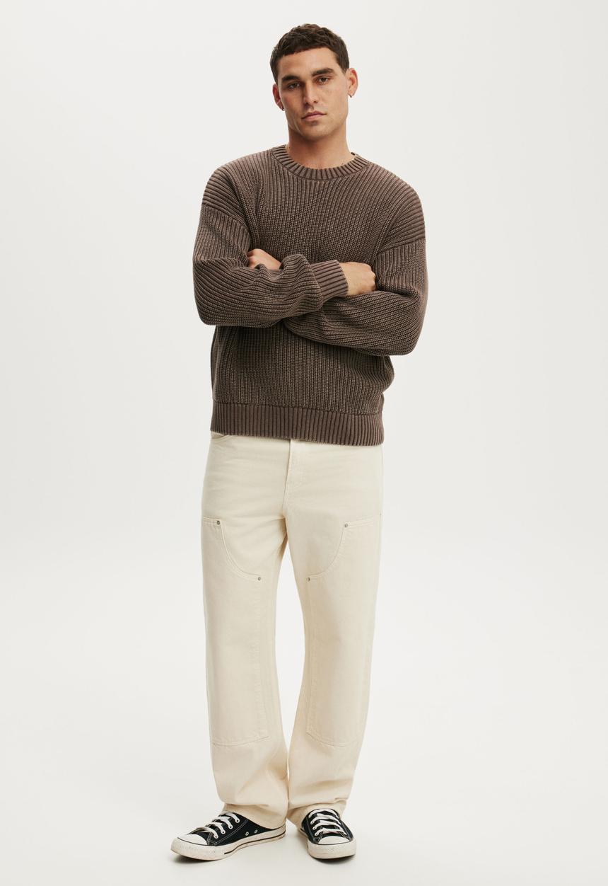 Cotton On - Box Fit Crew Knit - Washed Coffee