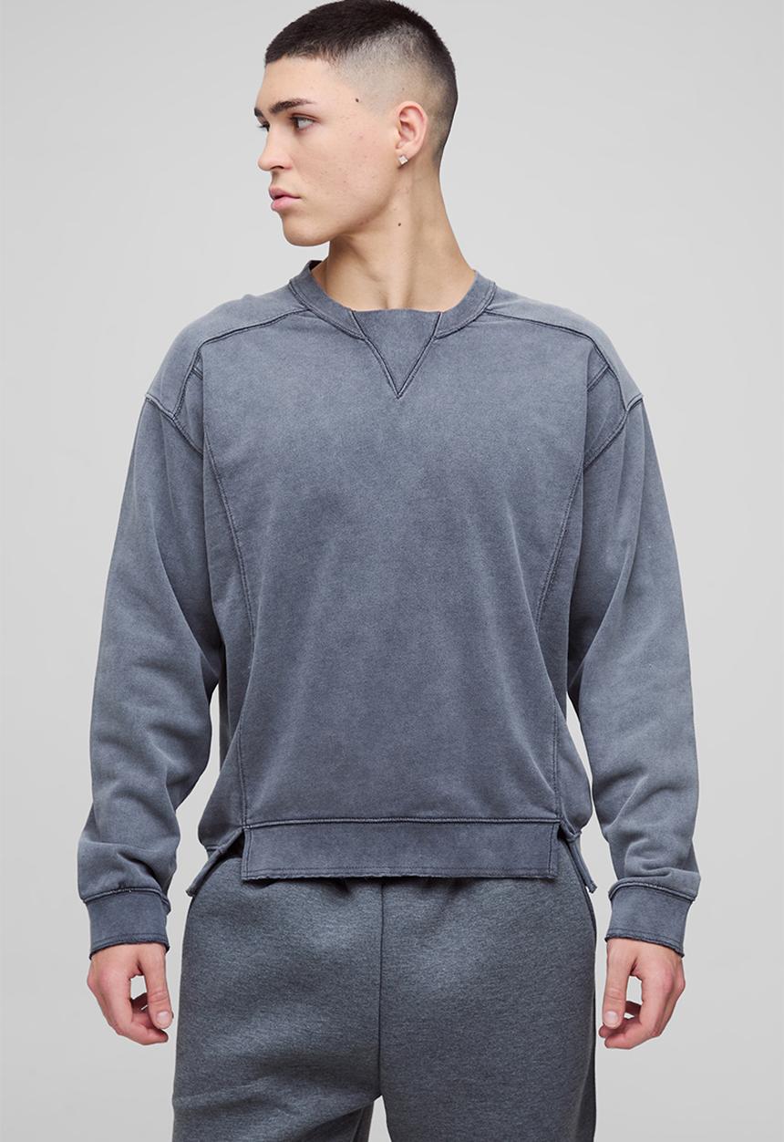 boohooMAN - Oversized Boxy Seam Wash Sweatshirt - Charcoal