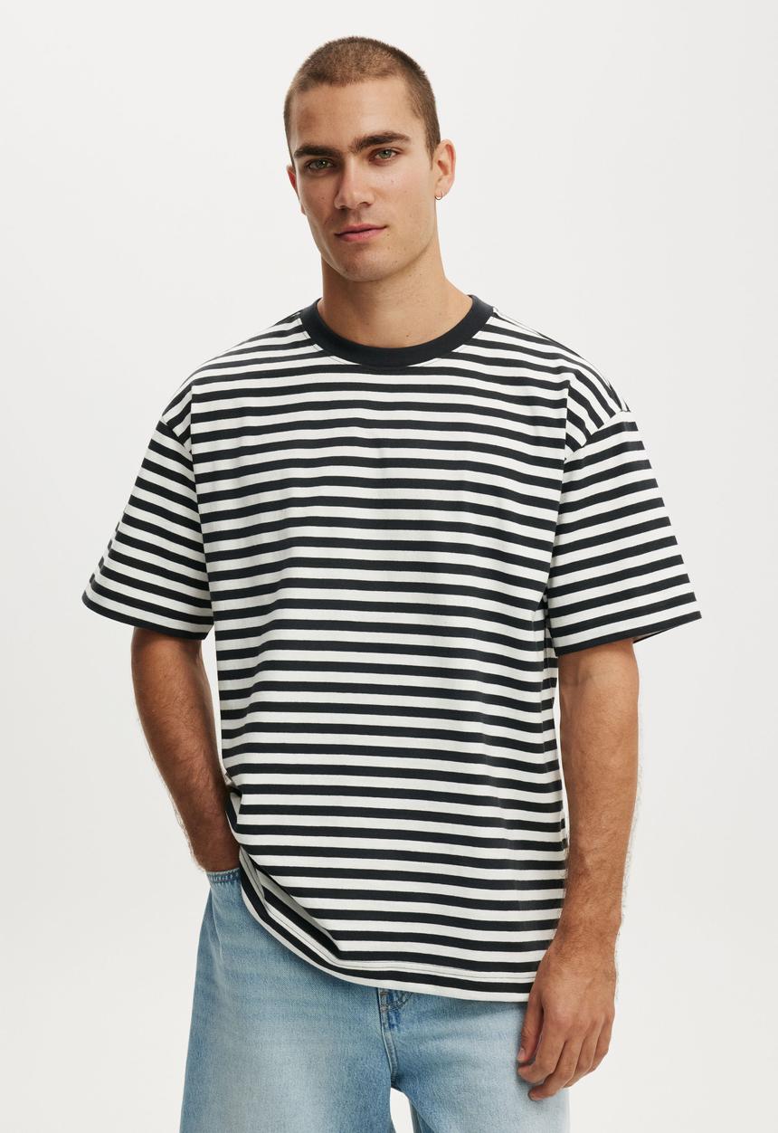 Cotton On - Box fit T-shirt - washed black / vintage white stripe