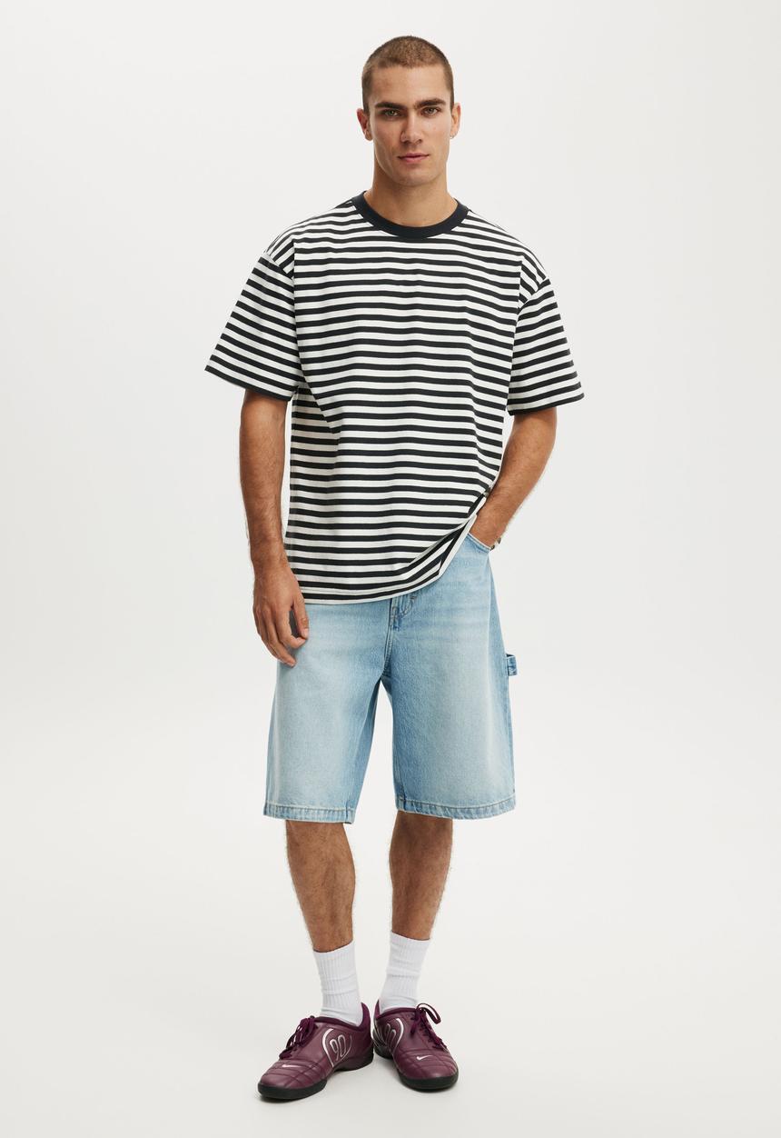 Cotton On - Box fit T-shirt - washed black / vintage white stripe