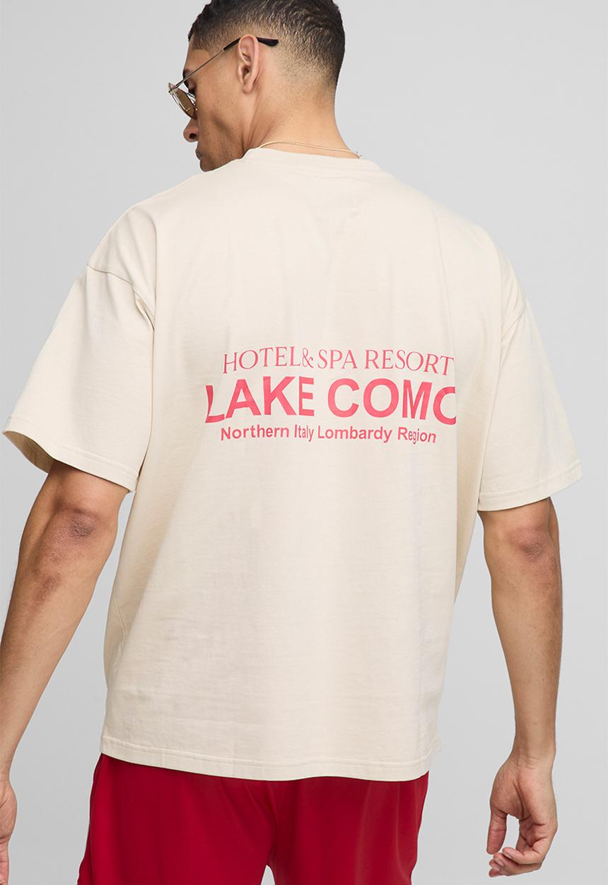 Oversized Lake Como Text Graphic T Shirt Ecru