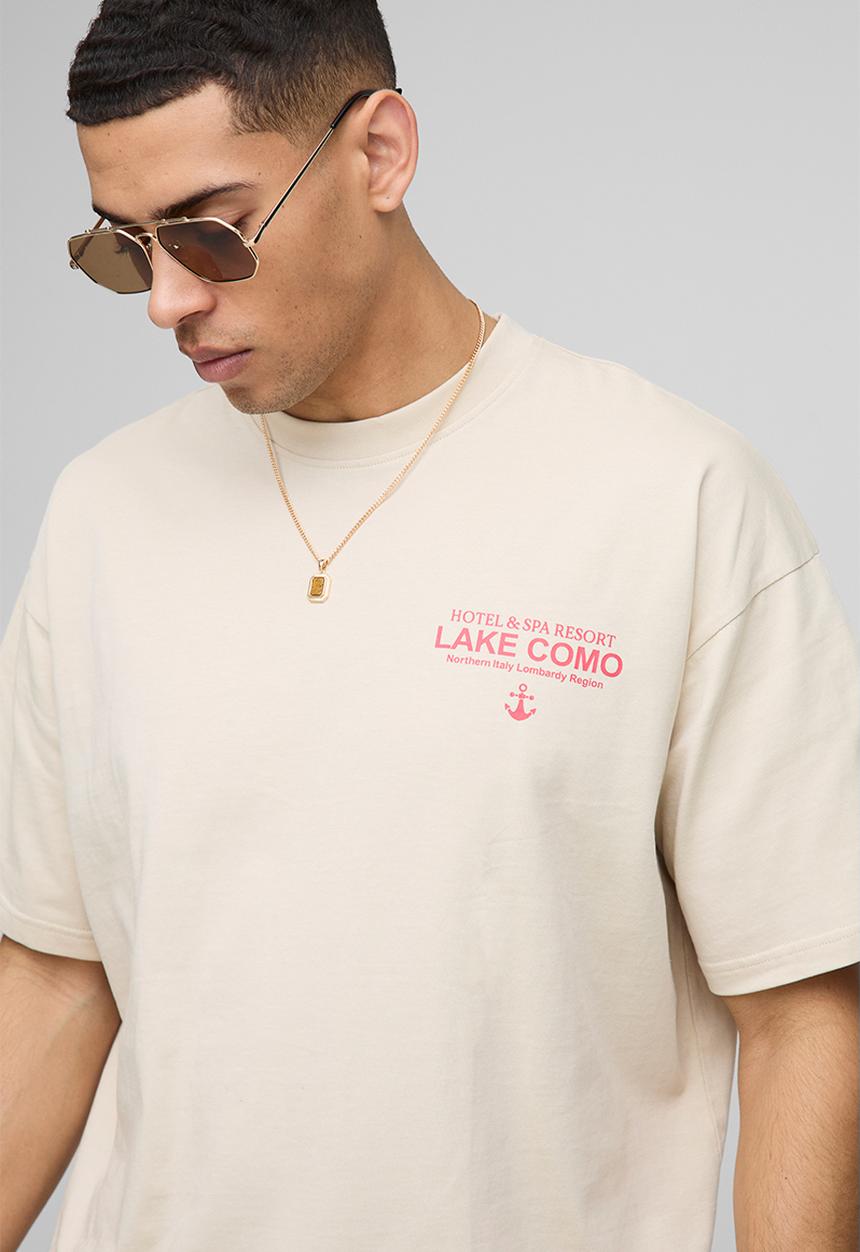 boohooMAN - Oversized Lake Como Text Graphic T-Shirt - Ecru
