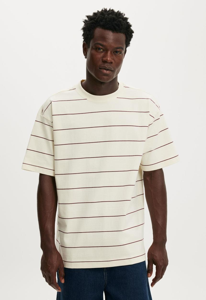 Cotton On - Box Fit T-Shirt - Creampuff / True Burgundy Stripe