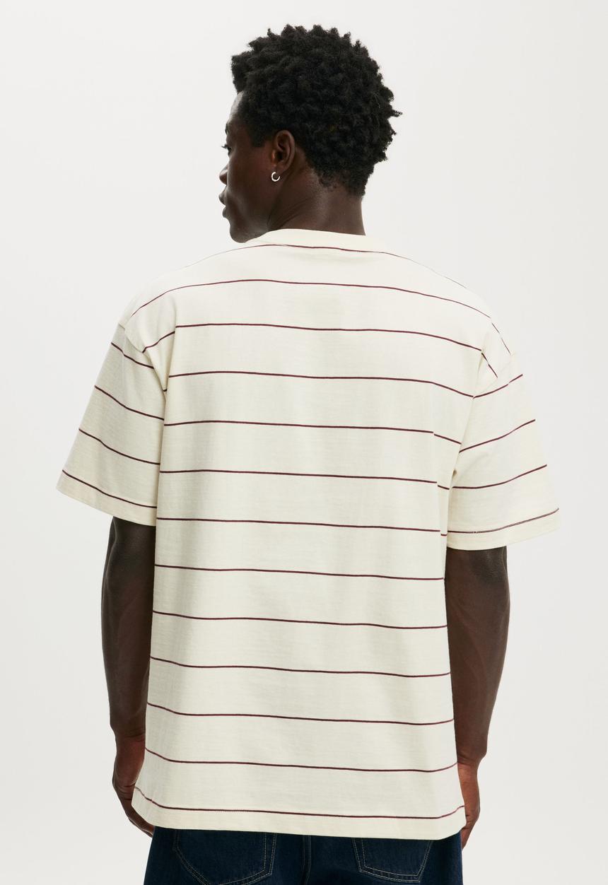Cotton On - Box Fit T-Shirt - Creampuff / True Burgundy Stripe