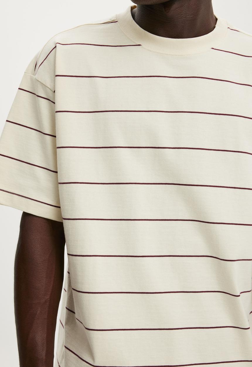 Cotton On - Box Fit T-Shirt - Creampuff / True Burgundy Stripe