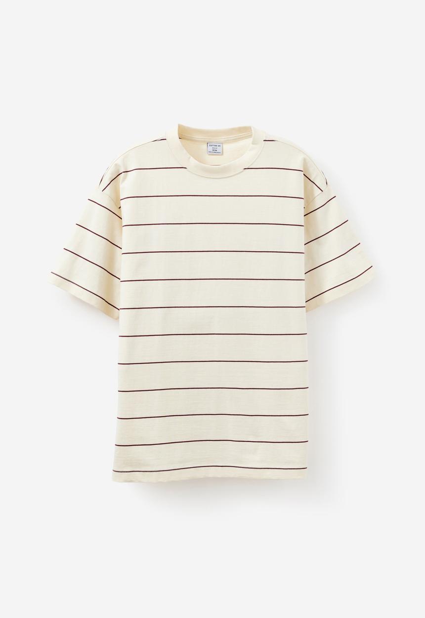 Cotton On - Box Fit T-Shirt - Creampuff / True Burgundy Stripe