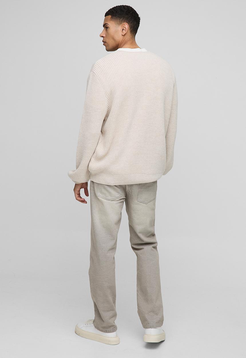 boohooMAN - Regular Fit Ribbed Zip Through Collarless Knitted Cardigan - Ecru