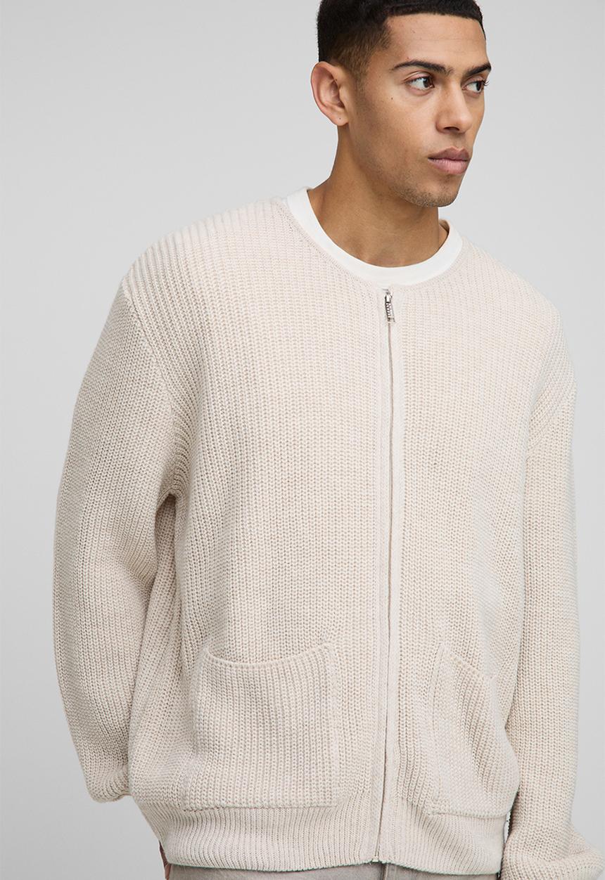 boohooMAN - Regular Fit Ribbed Zip Through Collarless Knitted Cardigan - Ecru