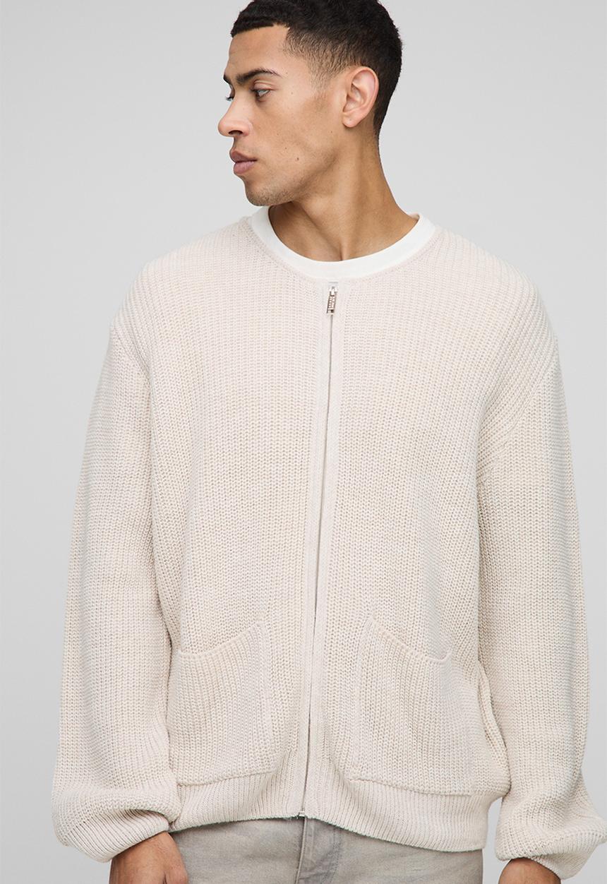 boohooMAN - Regular Fit Ribbed Zip Through Collarless Knitted Cardigan - Ecru
