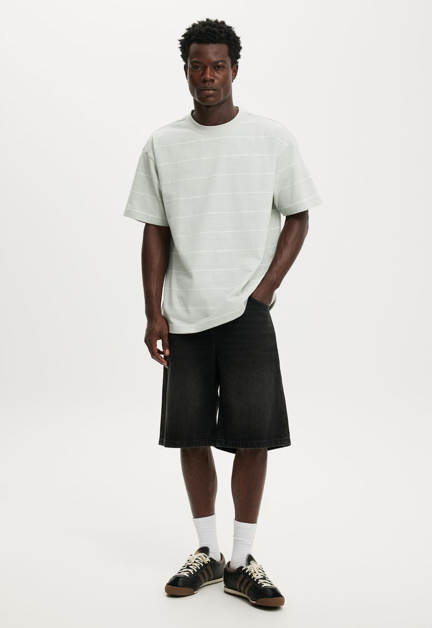 Cotton On - Box fit T-shirt - cold grey / vintage white stripe