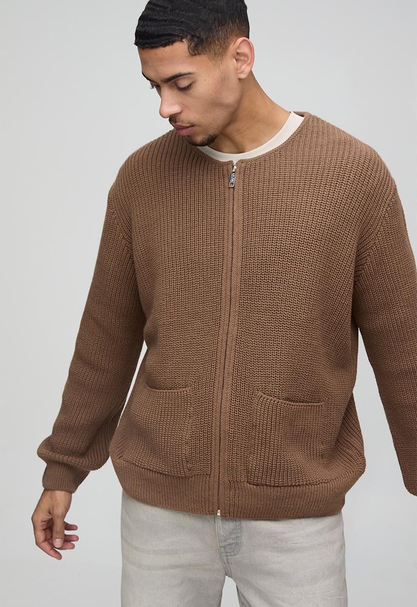 boohooMAN - Regular Fit Ribbed Zip Through Collarless Knitted Cardigan - Taupe