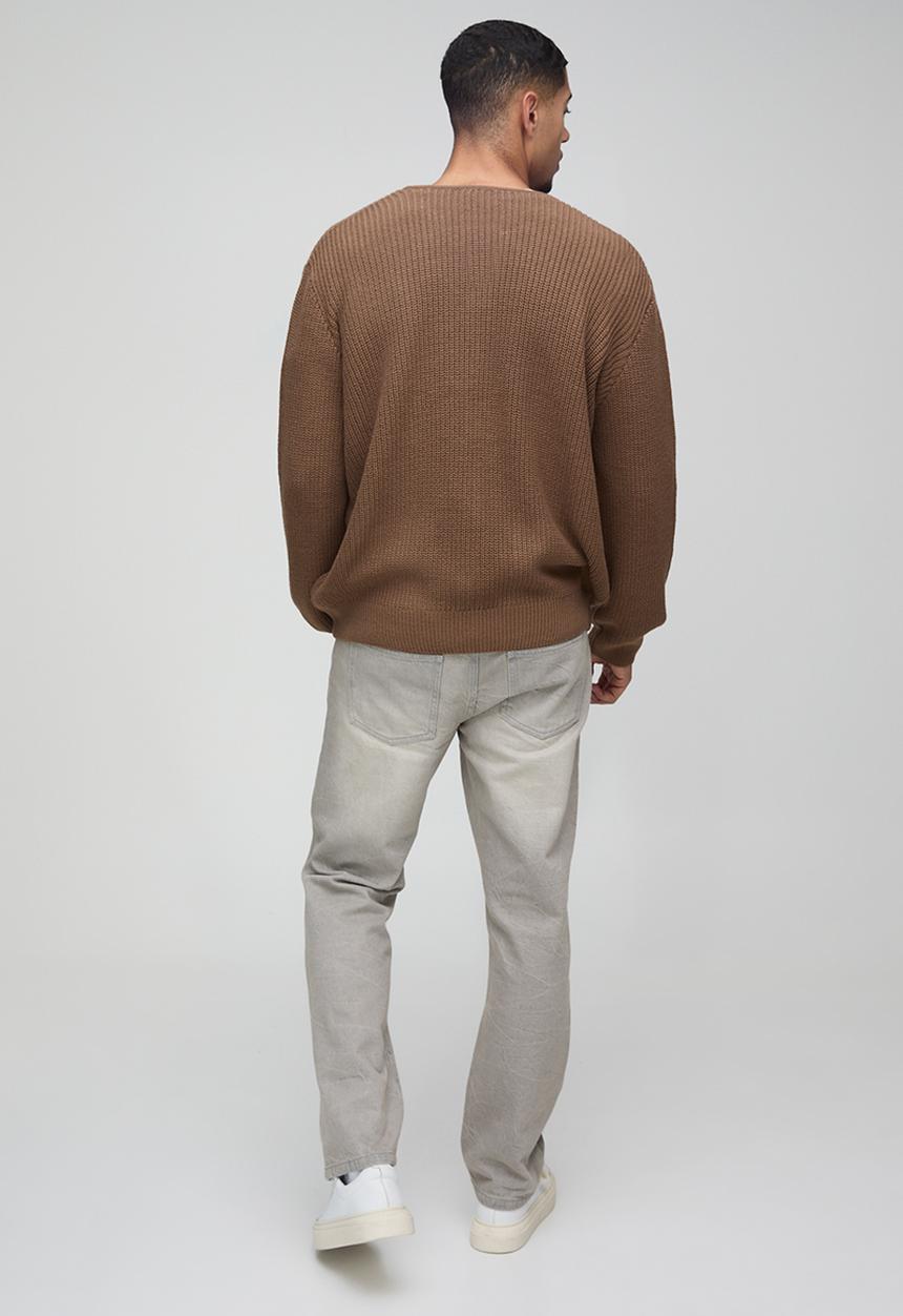 boohooMAN - Regular Fit Ribbed Zip Through Collarless Knitted Cardigan - Taupe