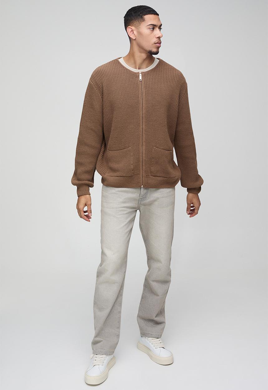 boohooMAN - Regular Fit Ribbed Zip Through Collarless Knitted Cardigan - Taupe