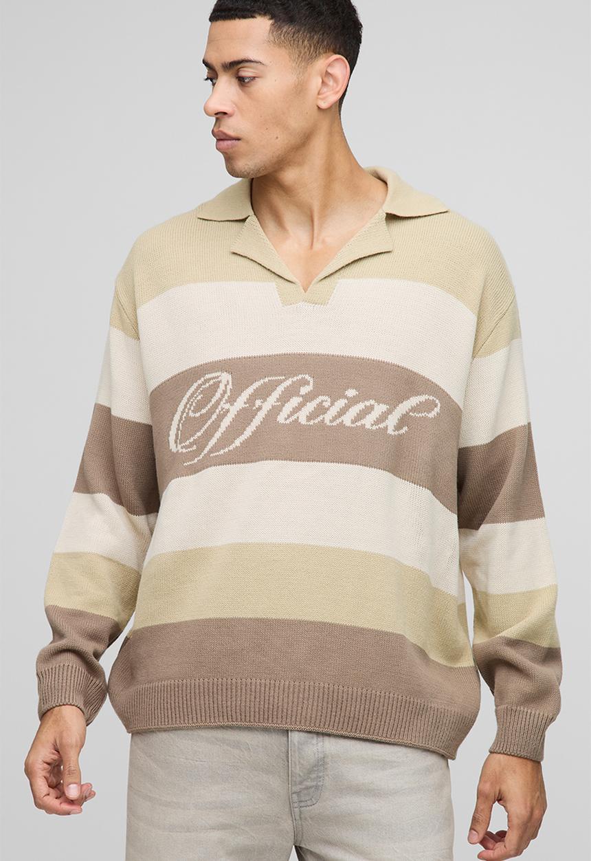 boohooMAN - Official Oversized Revere Colour Block Knitted Polo Jumper - Stone
