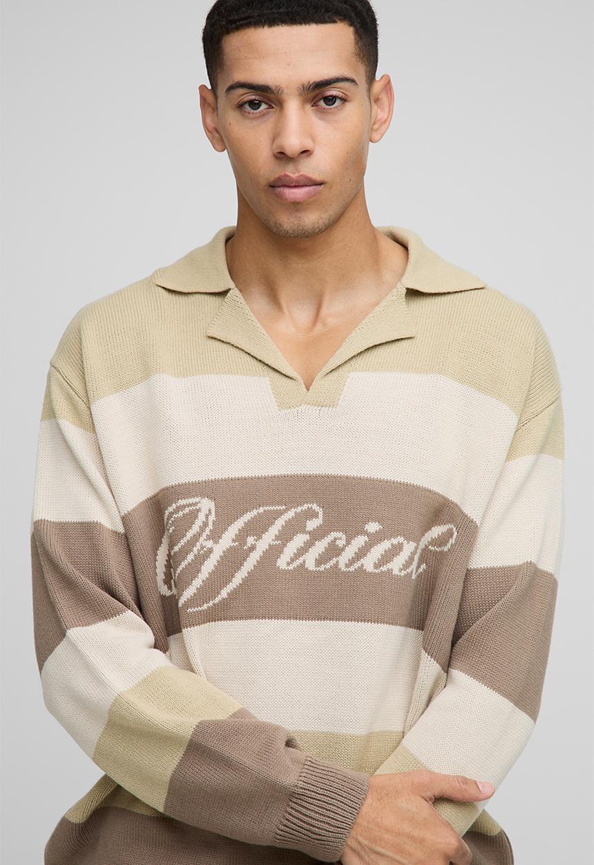 boohooMAN - Official Oversized Revere Colour Block Knitted Polo Jumper - Stone