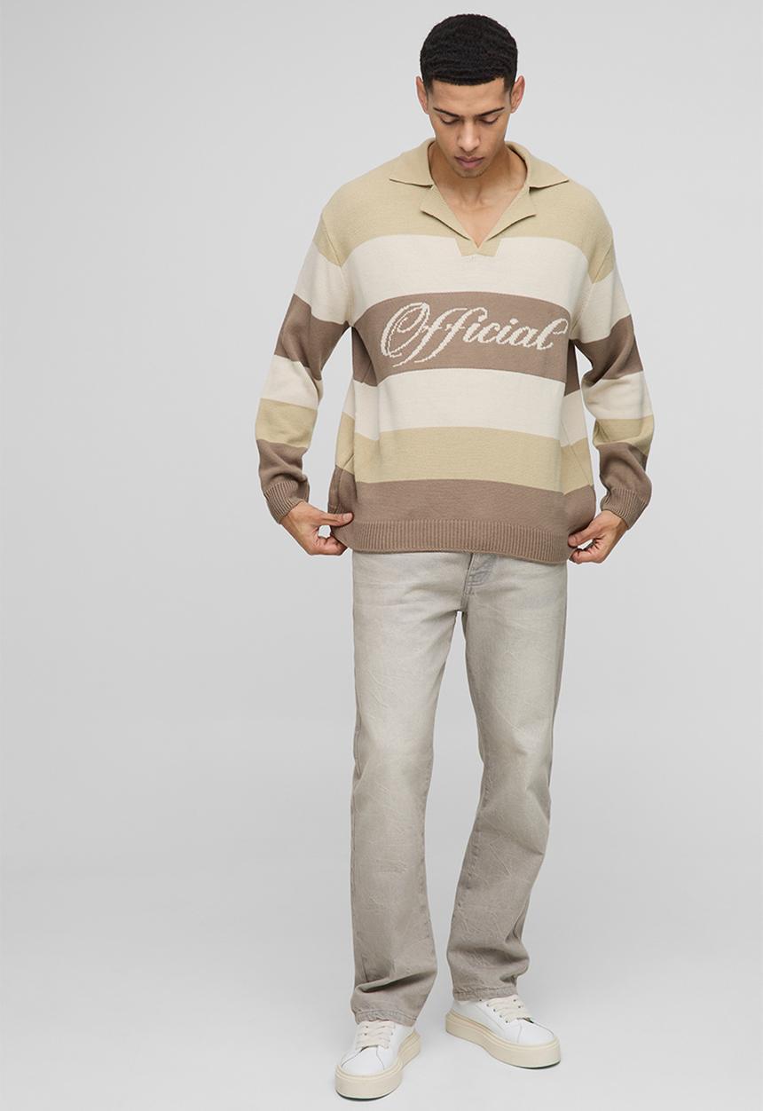 boohooMAN - Official Oversized Revere Colour Block Knitted Polo Jumper - Stone
