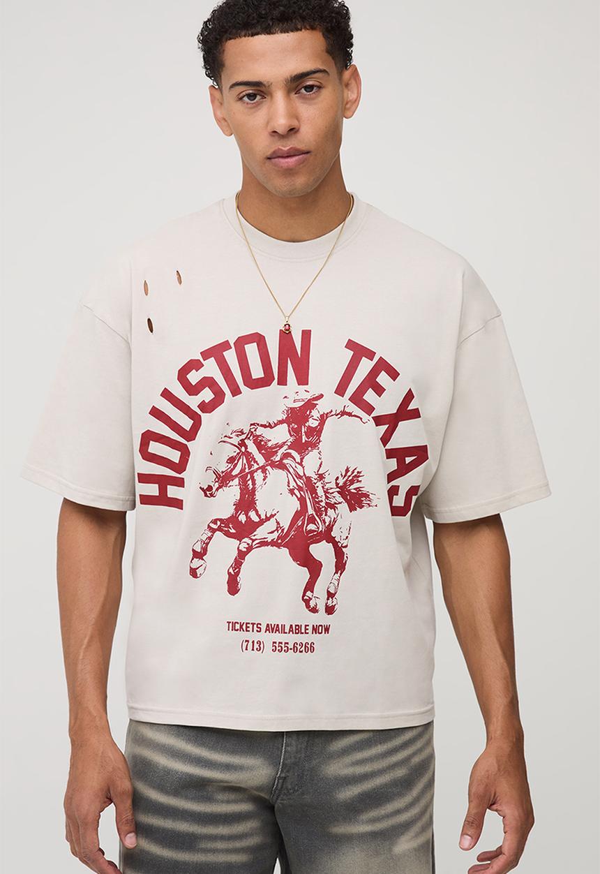 boohooMAN - Oversized Boxy Western Graphic Distressed T-Shirt-Stone