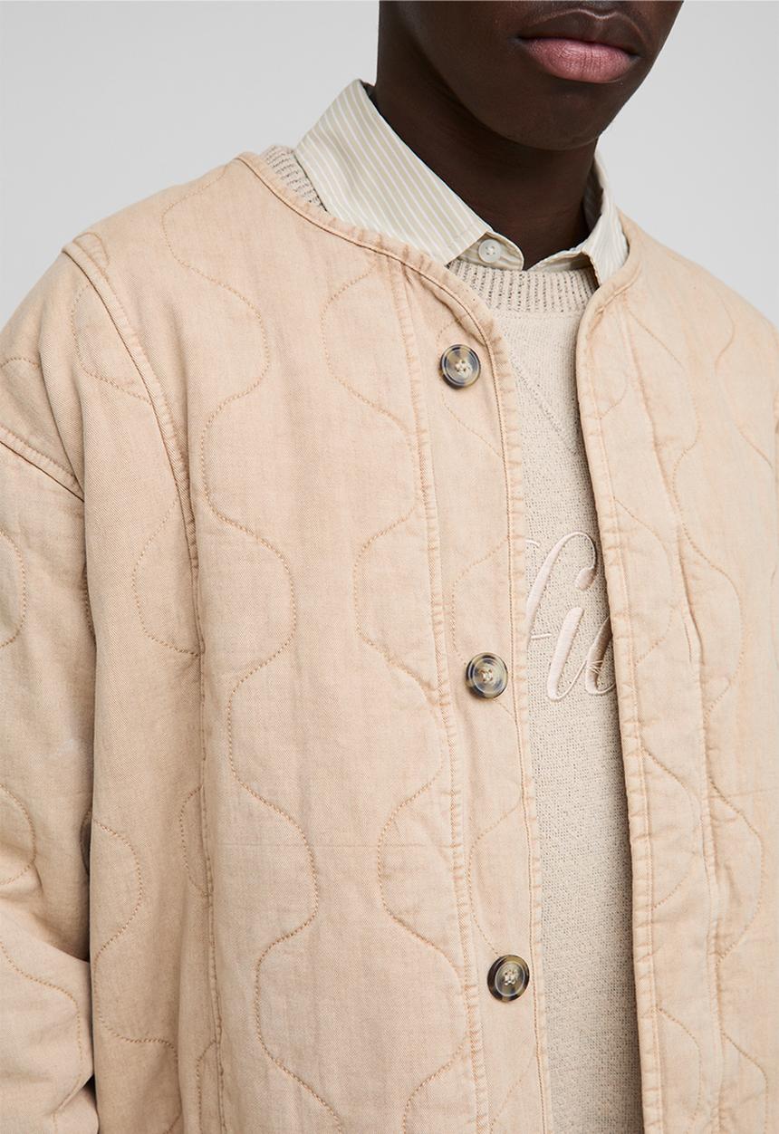boohooMAN - Oversized Washed Twill Quilted Collarless Bomber Jacket - Stone