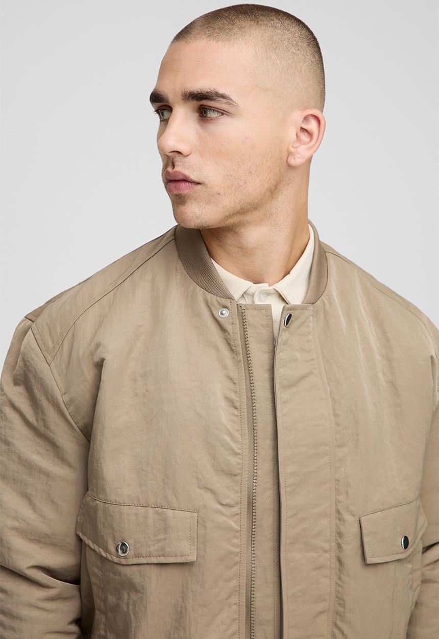 boohooMAN - Regular Fit Peached Crinkle Nylon Bomber Jacket-Stone