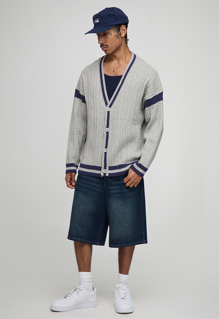 boohooMAN - Oversized Drop Shoulder Boucle Cable Knitted Preppy Cardigan-Light Grey