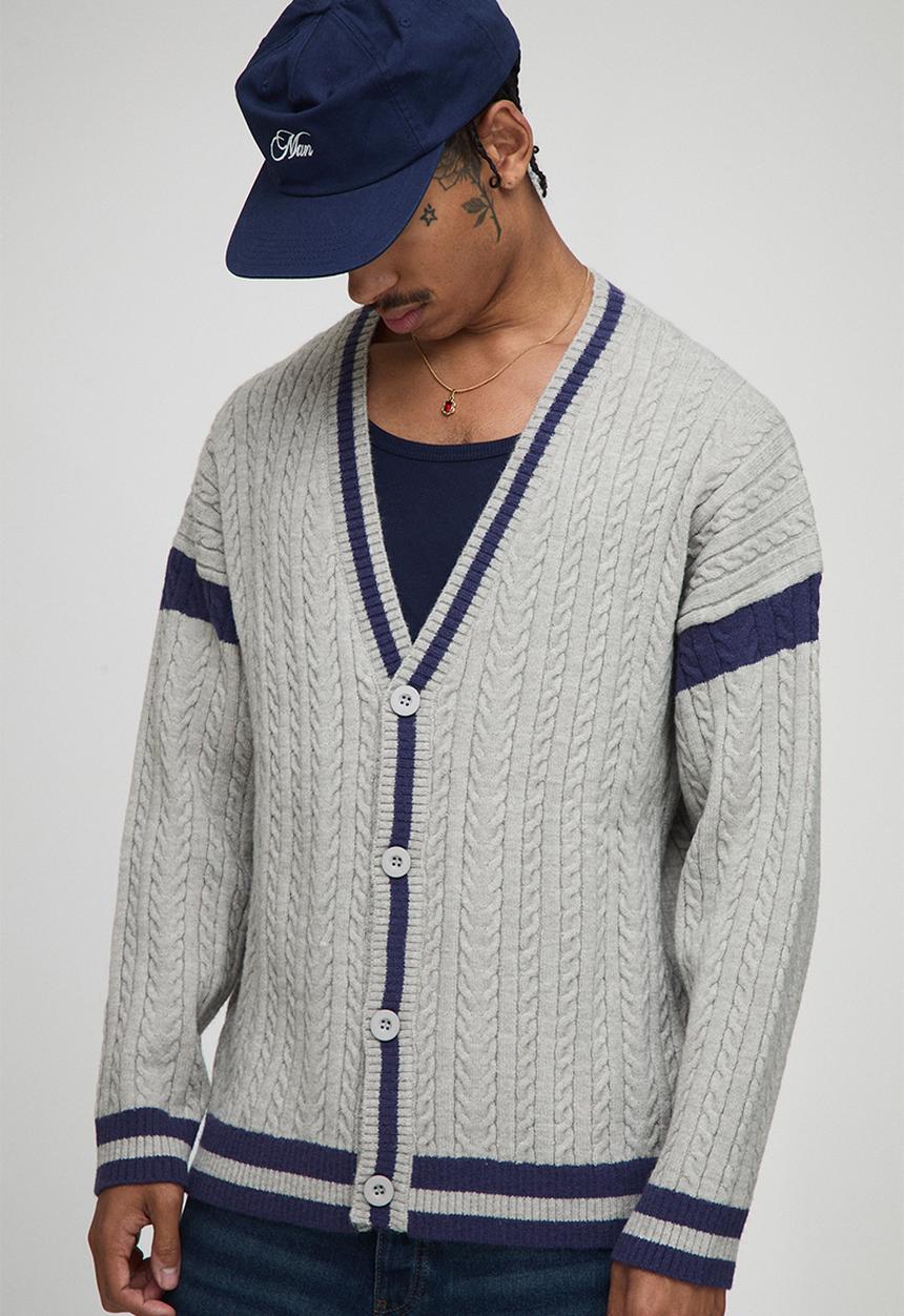 boohooMAN - Oversized Drop Shoulder Boucle Cable Knitted Preppy Cardigan-Light Grey