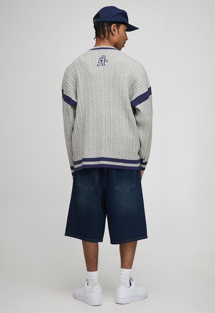 boohooMAN - Oversized Drop Shoulder Boucle Cable Knitted Preppy Cardigan-Light Grey