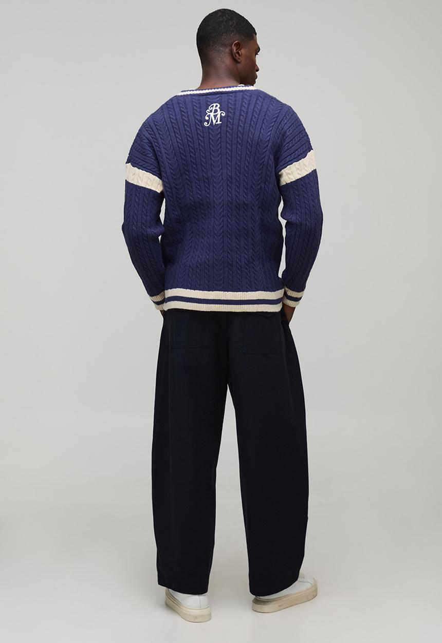 boohooMAN - Oversized Drop Shoulder Boucle Cable Knitted Preppy Cardigan-Navy