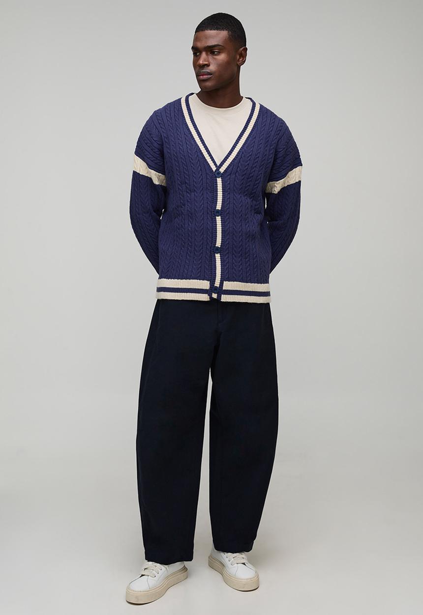 boohooMAN - Oversized Drop Shoulder Boucle Cable Knitted Preppy Cardigan-Navy