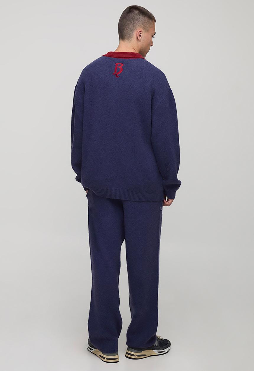 boohooMAN - Oversized Varsity Embroidered Knitted Polo Jumper - Navy