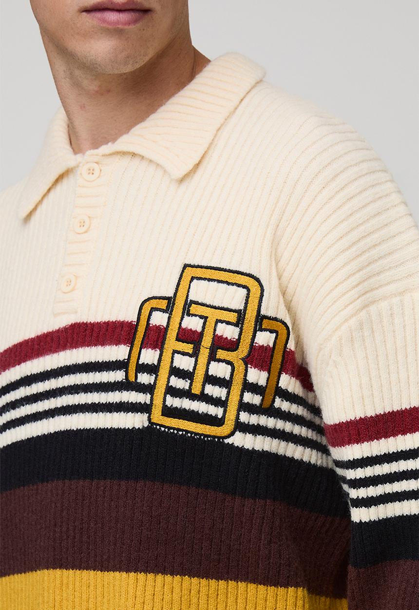 boohooMAN - Oversized Embroidered Varsity Ribbed Knitted Polo Jumper - Ecru