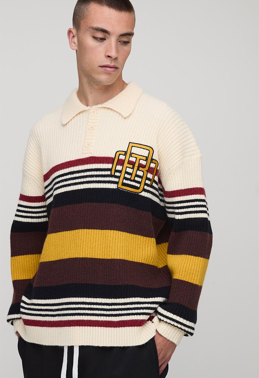 boohooMAN - Oversized Embroidered Varsity Ribbed Knitted Polo Jumper - Ecru