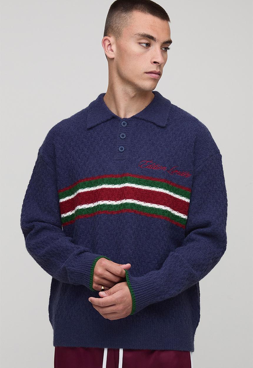 boohooMAN - Oversized Embroidered Panel Textured Knitted Polo - Navy
