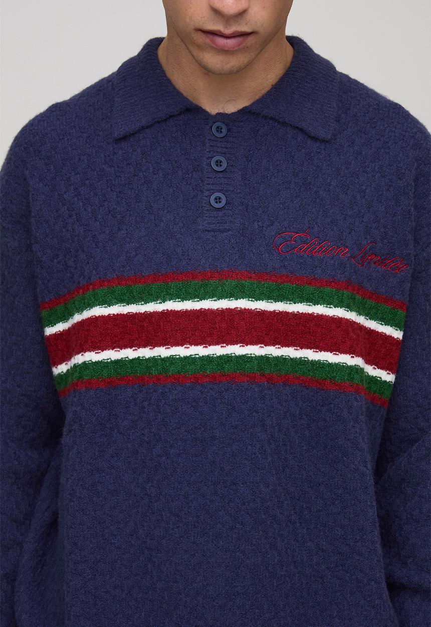 boohooMAN - Oversized Embroidered Panel Textured Knitted Polo - Navy