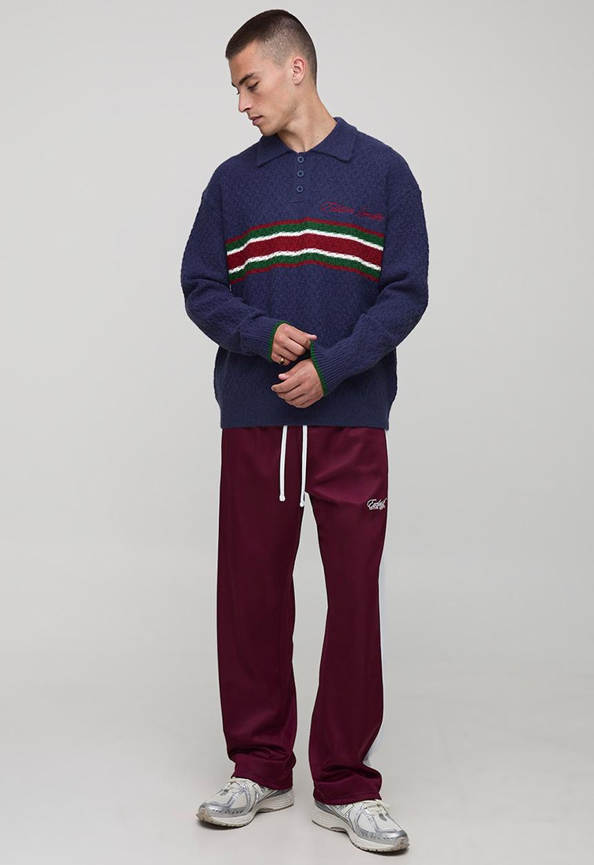 boohooMAN - Oversized Embroidered Panel Textured Knitted Polo - Navy