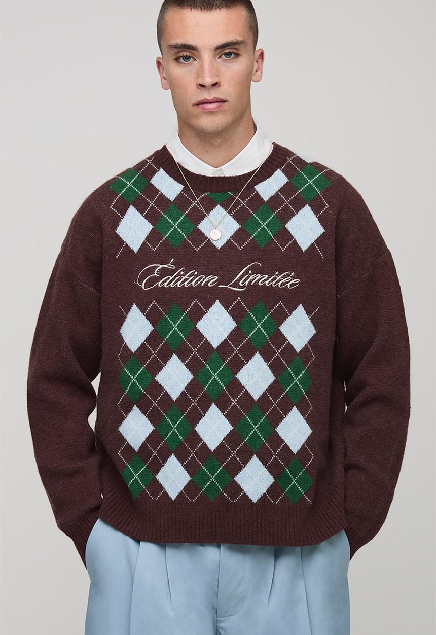 boohooMAN - Boxy Embroidered Diamond Argyle Knitted Jumper - Chocolate