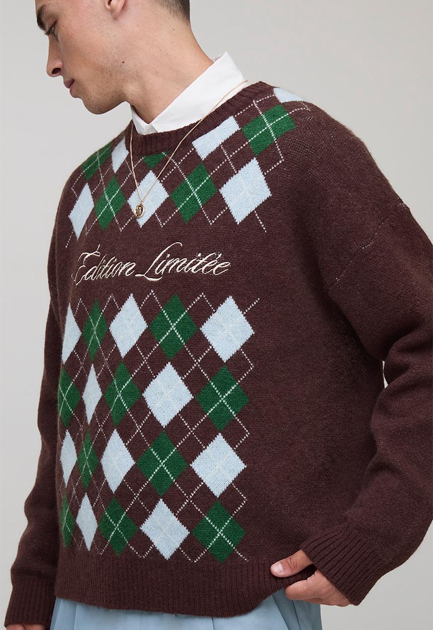 boohooMAN - Boxy Embroidered Diamond Argyle Knitted Jumper - Chocolate