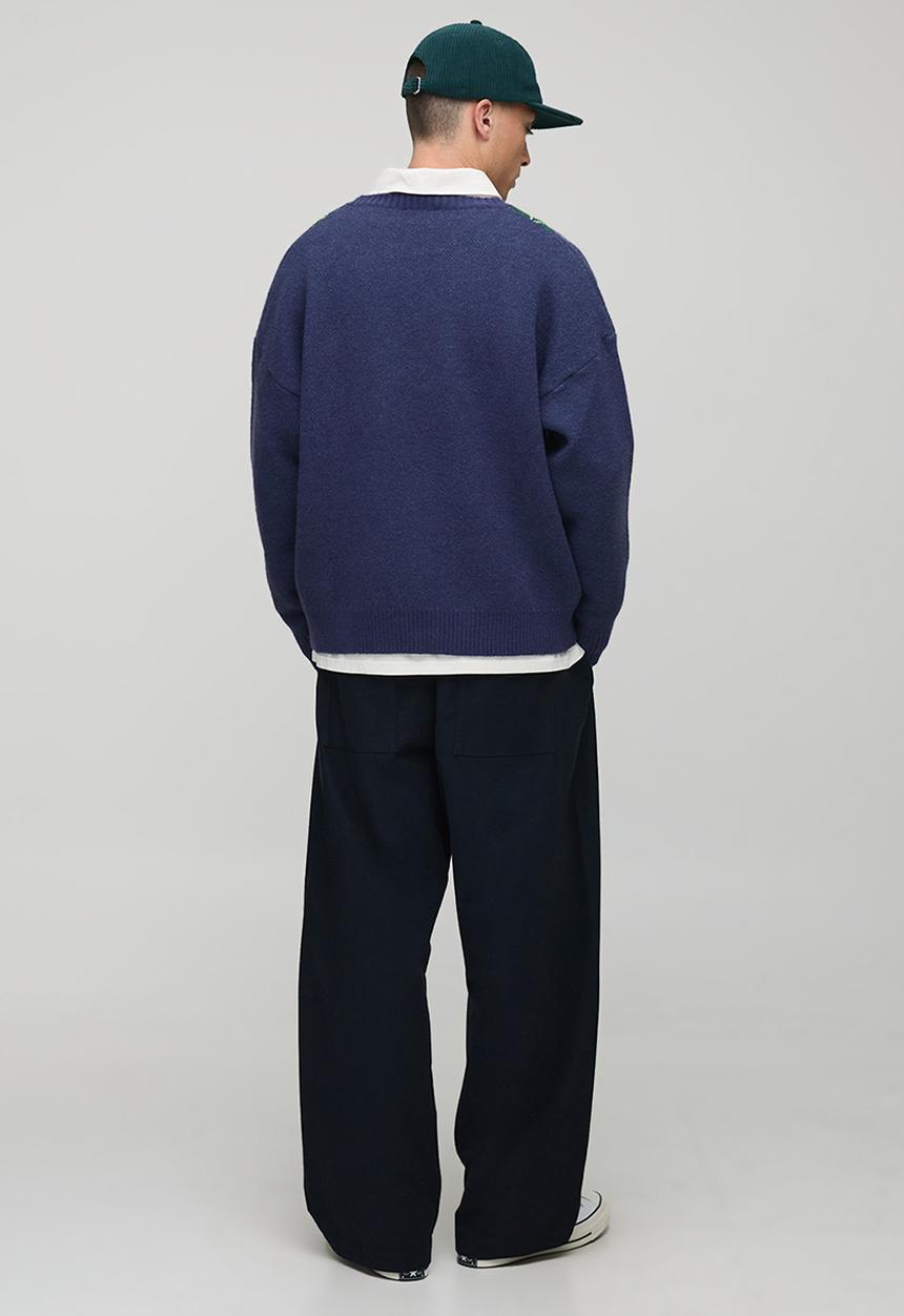 boohooMAN - Boxy Embroidered Diamond Argyle Knitted Jumper - Navy