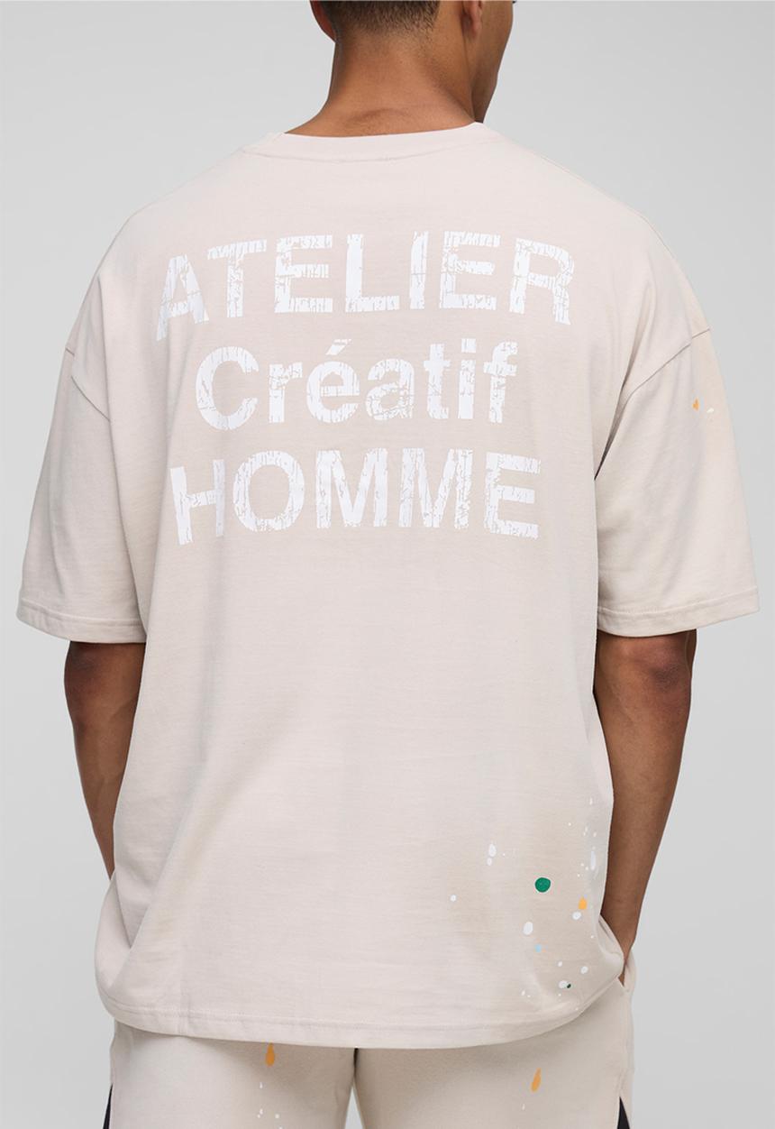 boohooMAN - Oversized Atelier Washed Paint Splatter Pocket T-Shirt - Stone