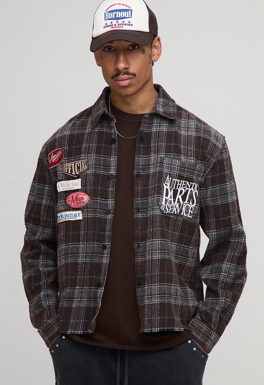 Relaxed Badge Detail Distressed Acid Wash Check Shirt - Black