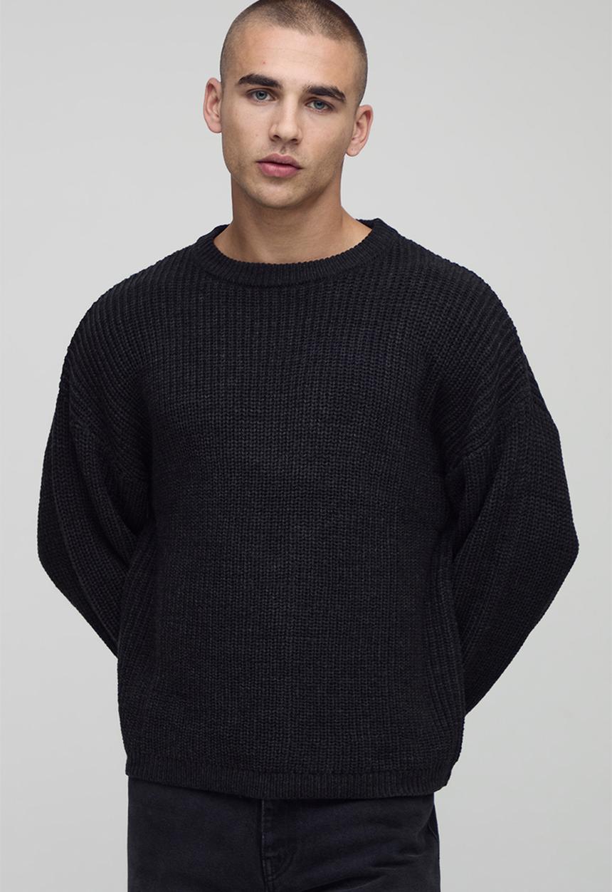 boohooMAN - Boxy Fit Ribbed Knitted Jumper - Charcoal