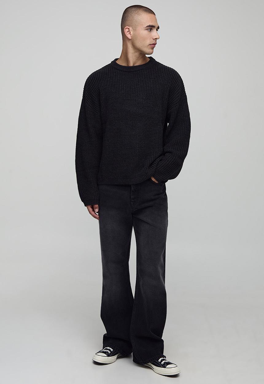 boohooMAN - Boxy Fit Ribbed Knitted Jumper - Charcoal